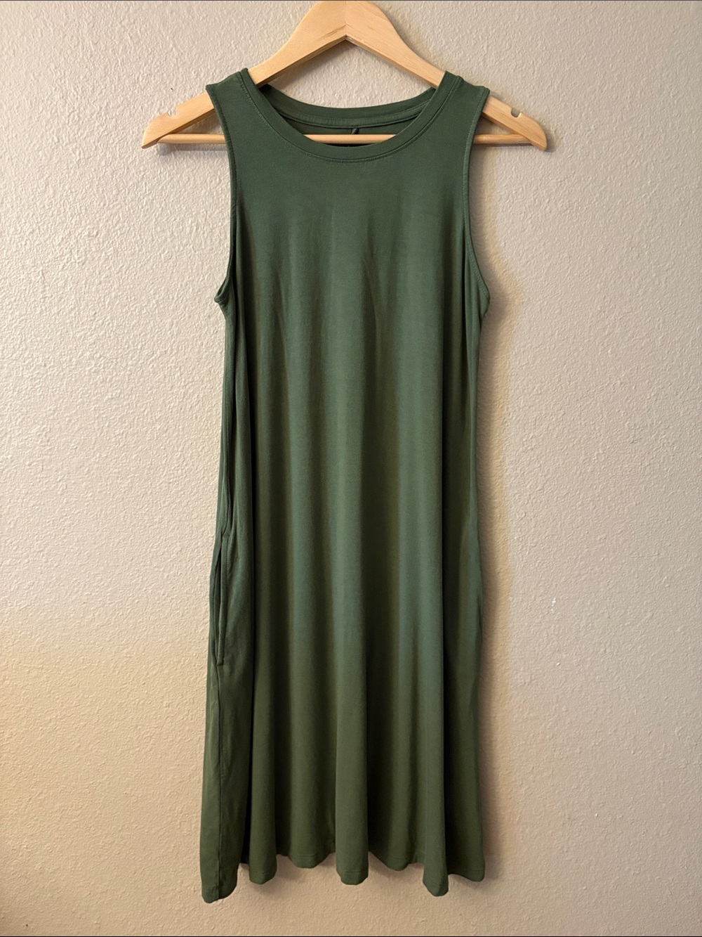 Time and Tru Olive Green Sleeveless Swing Dress Small Soft Jersey Knit
